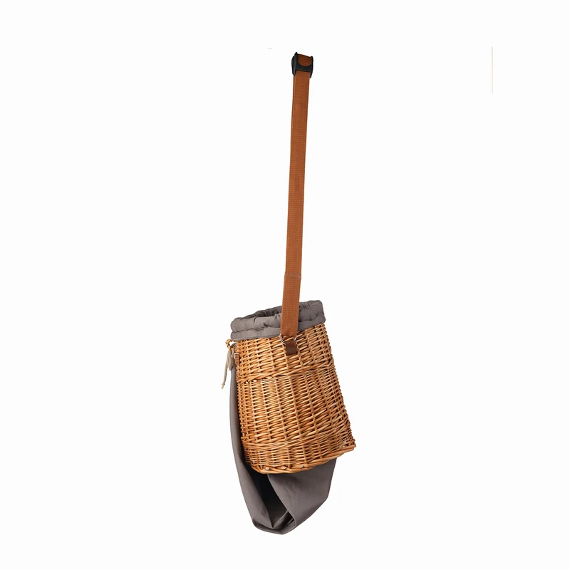 Saleria wicker garden harvest basket with gray trim, shoulder strap, and pocket TheWickerStories