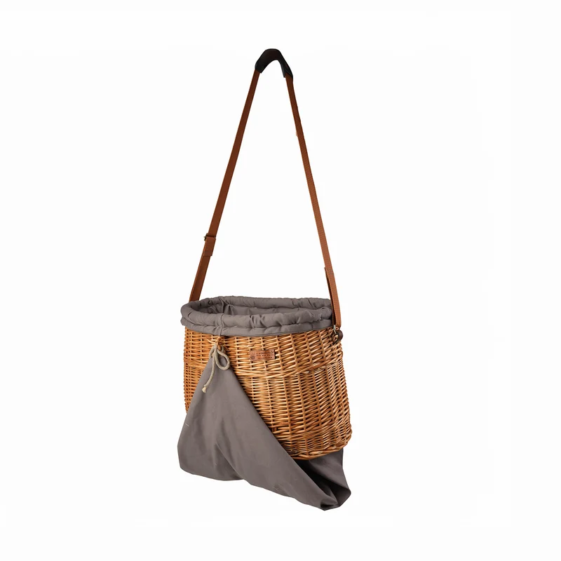 Saleria wicker garden harvest basket with gray trim, shoulder strap, and pocket TheWickerStories