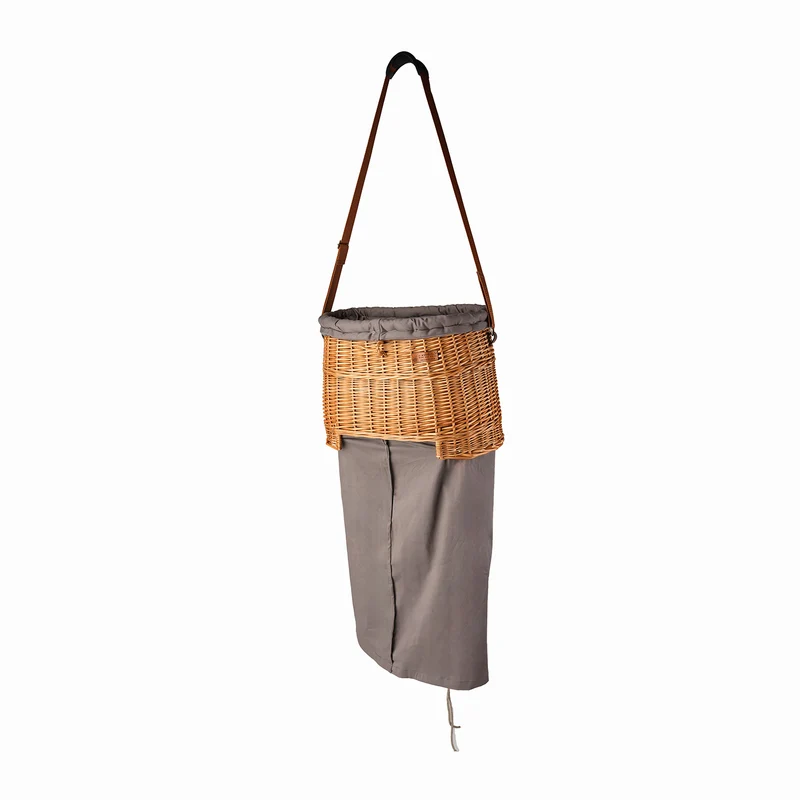 Saleria wicker garden harvest basket with gray trim, shoulder strap, and pocket TheWickerStories