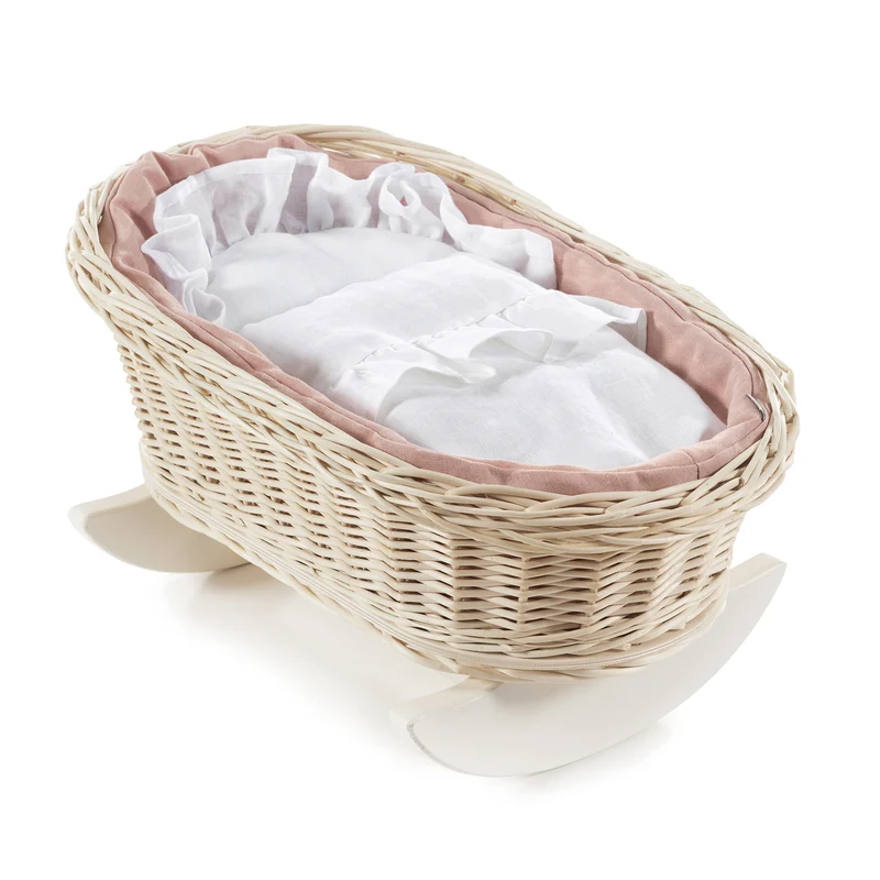 Desayer wicker cradle for dolls with pink trim, with pillow and blanket TheWickerStories