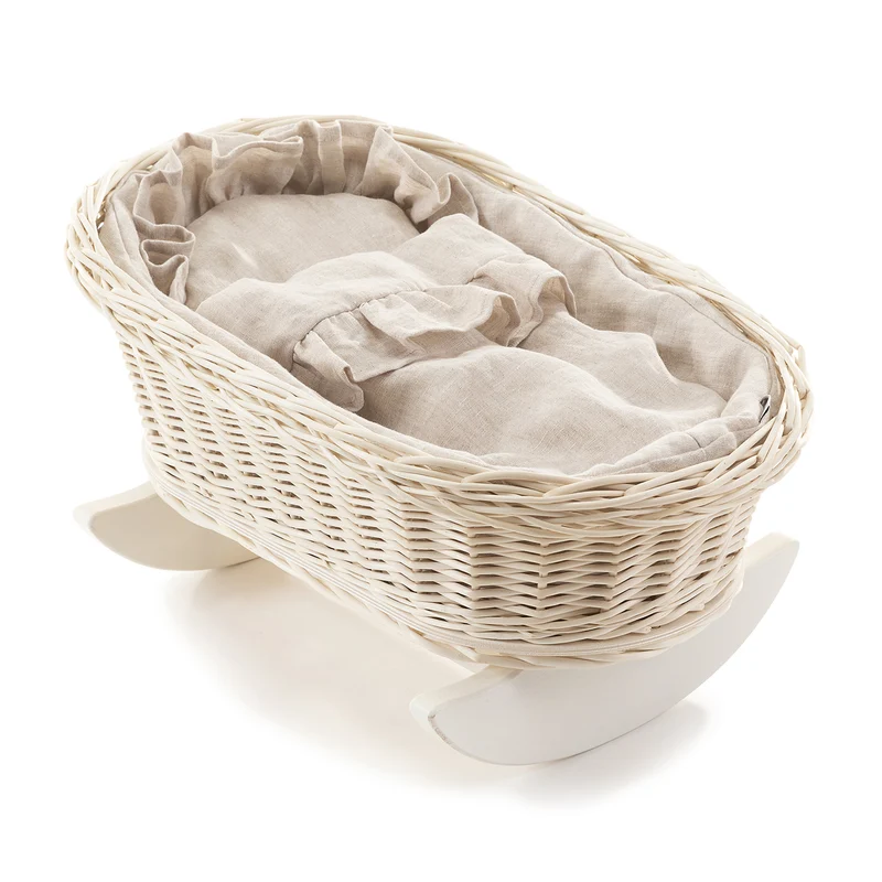 Desayer wicker cradle basket for dolls with linen trim, pillow and quilt, on beech runners TheWickerStories