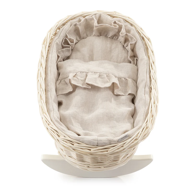 Desayer wicker cradle basket for dolls with linen trim, pillow and quilt, on beech runners TheWickerStories