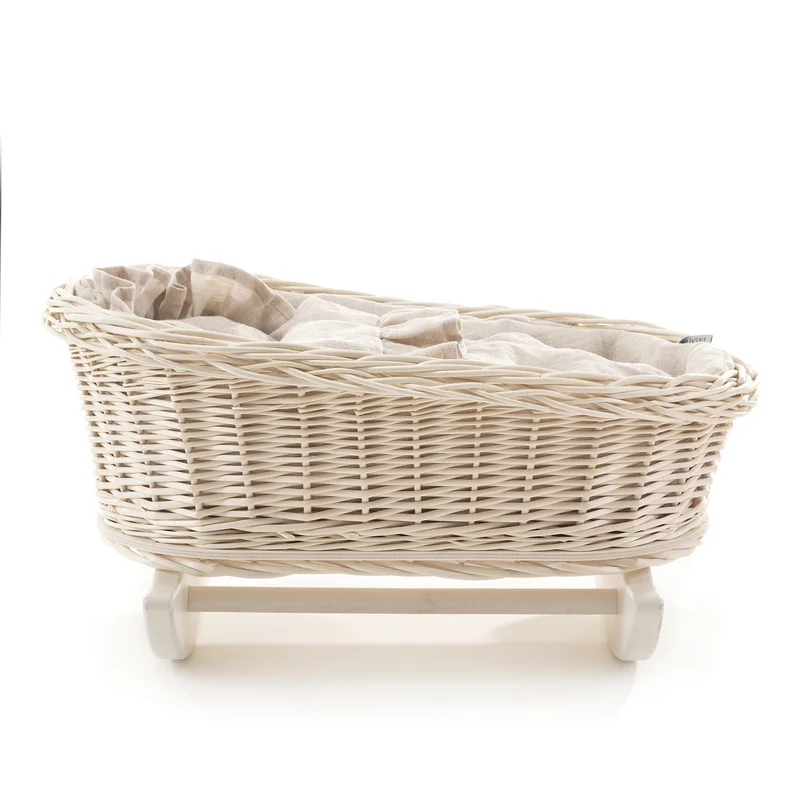 Desayer wicker cradle basket for dolls with linen trim, pillow and quilt, on beech runners TheWickerStories
