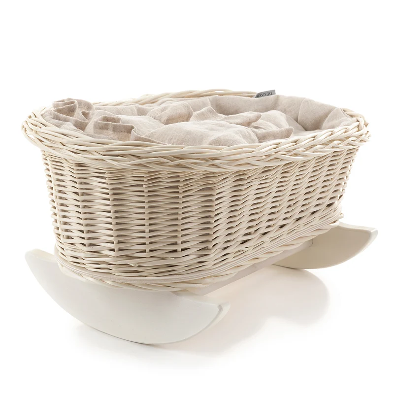 Desayer wicker cradle basket for dolls with linen trim, pillow and quilt, on beech runners TheWickerStories