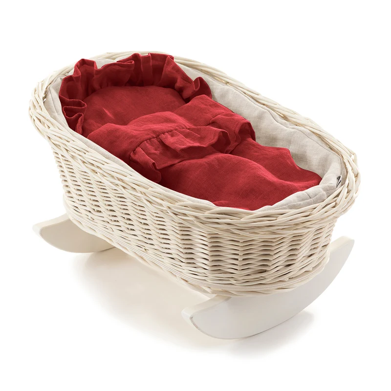 Desayer wicker doll cradle with red trim, with pillow and blanket TheWickerStories