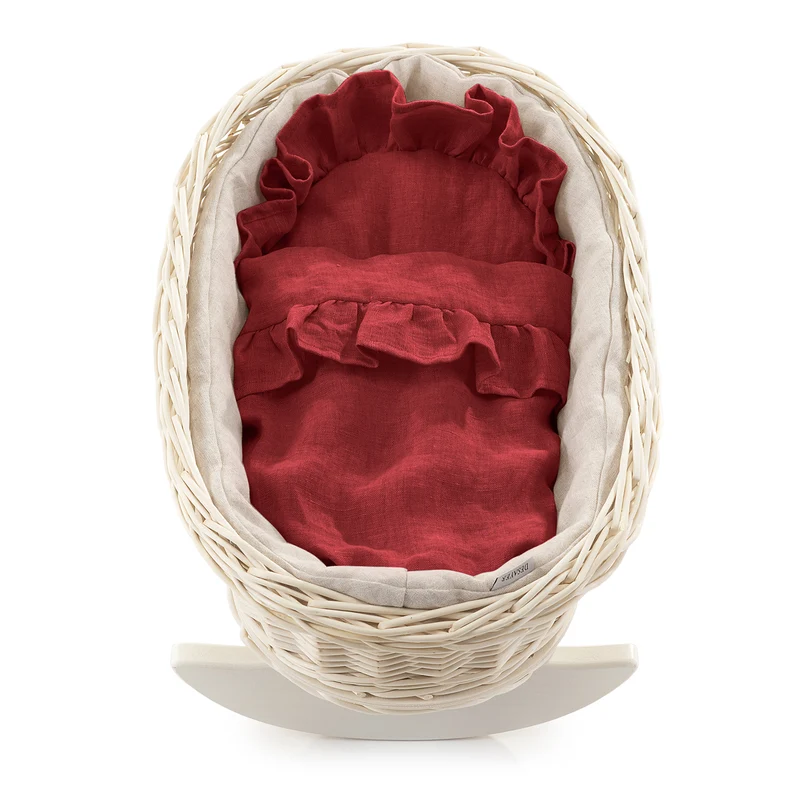 Desayer wicker doll cradle with red trim, with pillow and blanket TheWickerStories
