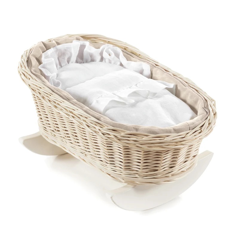 Desayer wicker rocking doll basket with white trim, pillow and blanket TheWickerStories