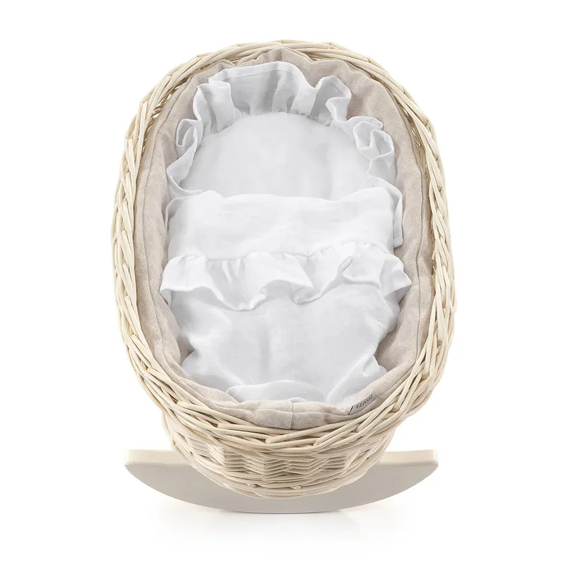 Desayer wicker rocking doll basket with white trim, pillow and blanket TheWickerStories