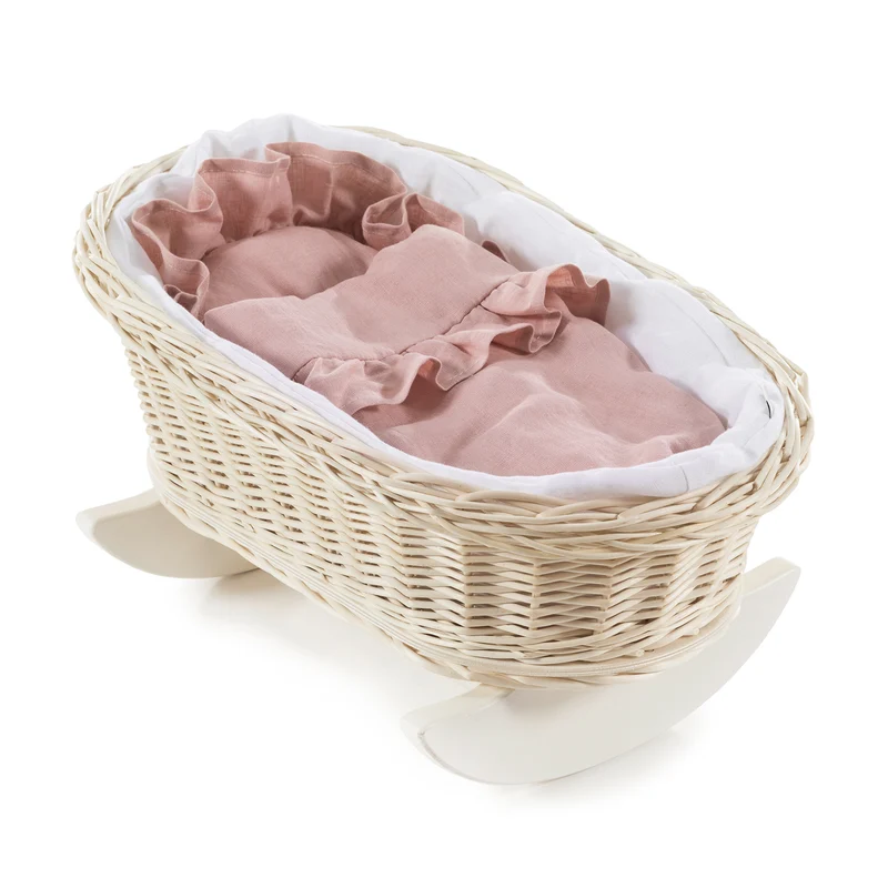 Desayer wicker doll cradle with white trim, with pillow and blanket TheWickerStories