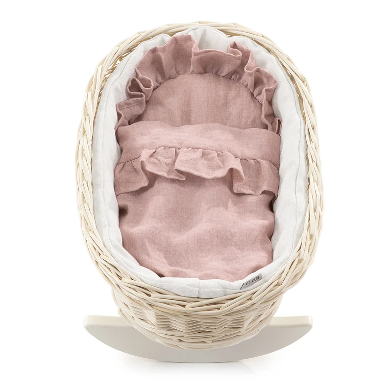 Desayer wicker doll cradle with white trim, with pillow and blanket TheWickerStories