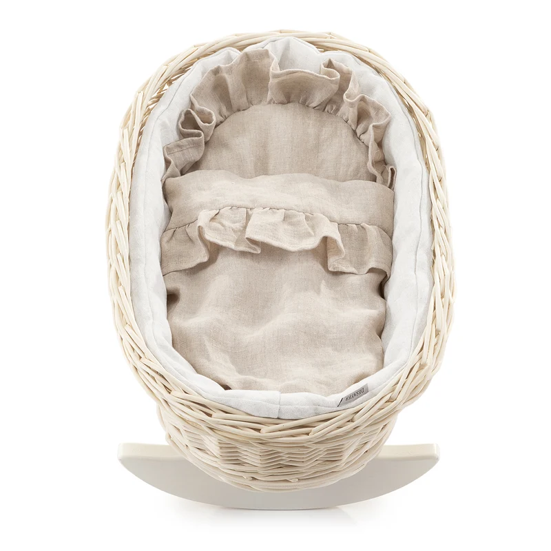 Desayer wicker cradle for dolls with white trim, with pillow and quilt, on rockers TheWickerStories