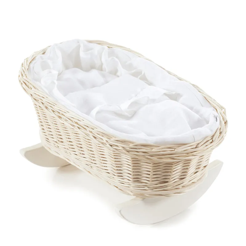 Desayer wicker doll cradle with white trim, with pillow and blanket TheWickerStories