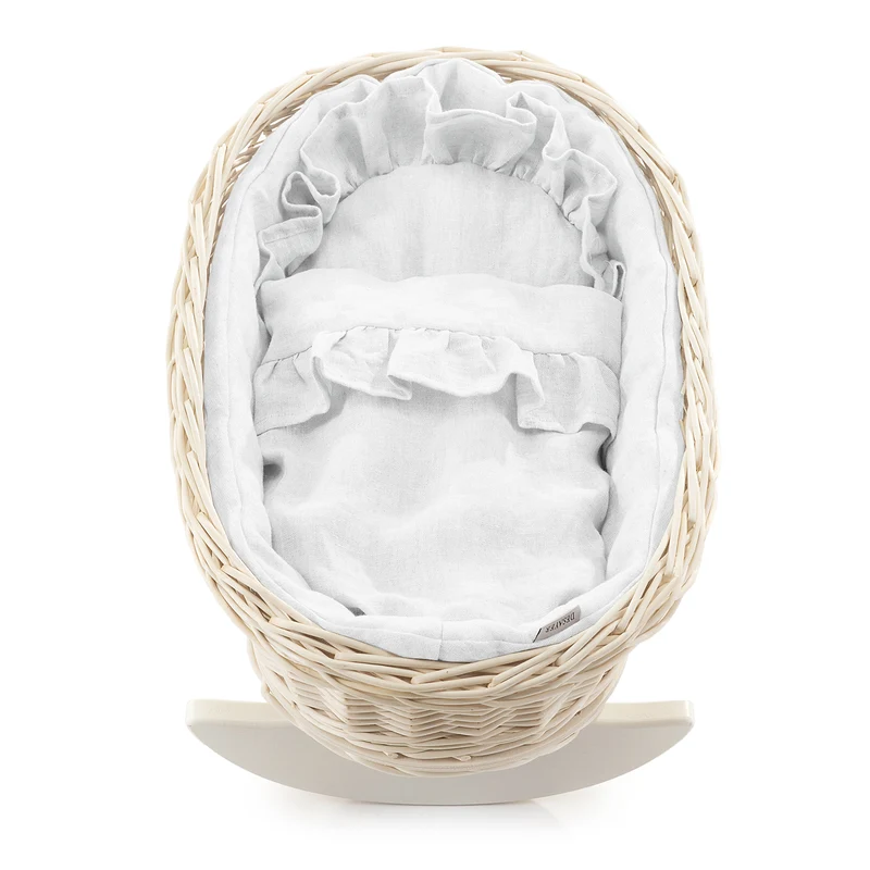 Desayer wicker doll cradle with white trim, with pillow and blanket TheWickerStories