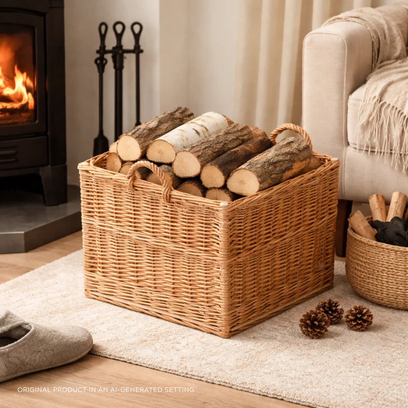 Nova wicker firewood basket with handles TheWickerStories
