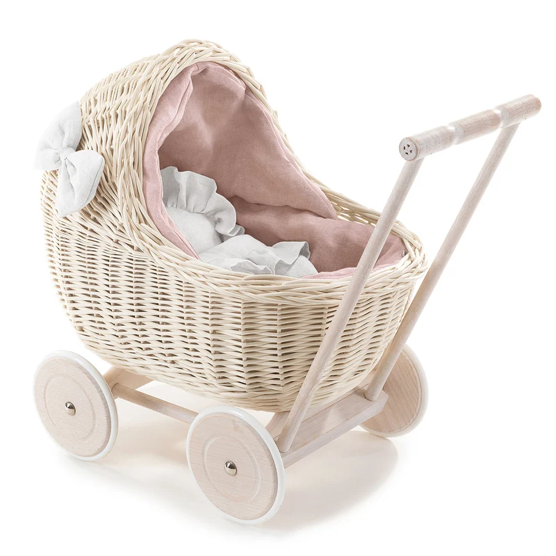 Desayer wicker doll stroller with pink trim, handle, pillow, and blanket TheWickerStories