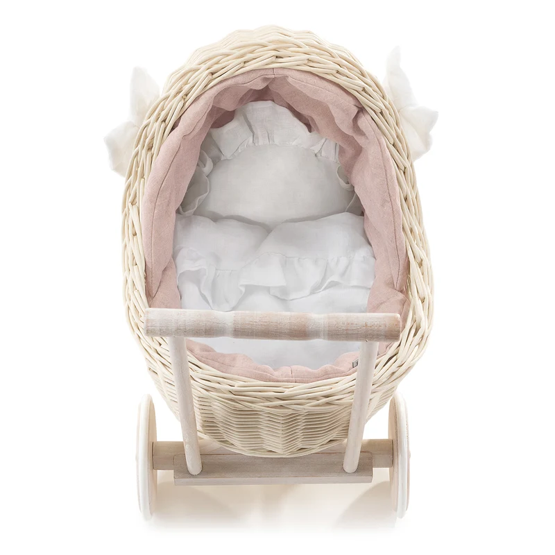 Desayer wicker doll stroller with pink trim, handle, pillow, and blanket TheWickerStories