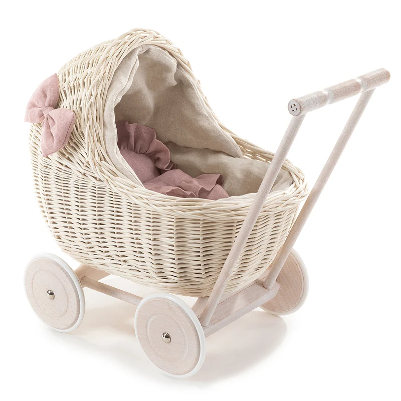 Desayer wicker doll stroller with pink trim, blanket, and pillow, with handle TheWickerStories