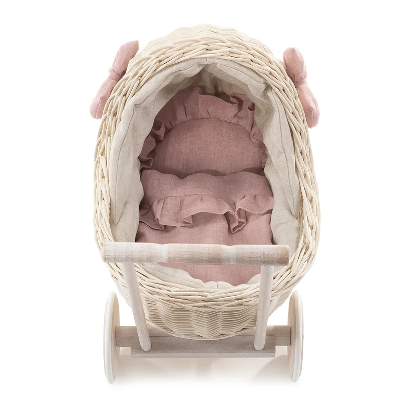 Desayer wicker doll stroller with pink trim, blanket, and pillow, with handle TheWickerStories