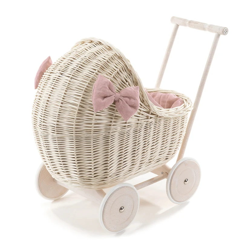 Desayer wicker doll stroller with pink trim, blanket, and pillow, with handle TheWickerStories