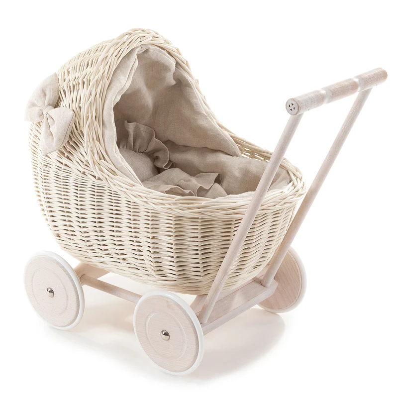 Desayer wicker doll stroller with cream trim, blanket, and pillow TheWickerStories