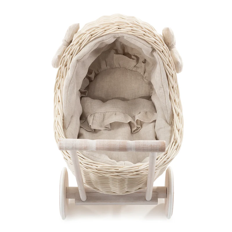 Desayer wicker doll stroller with cream trim, blanket, and pillow TheWickerStories