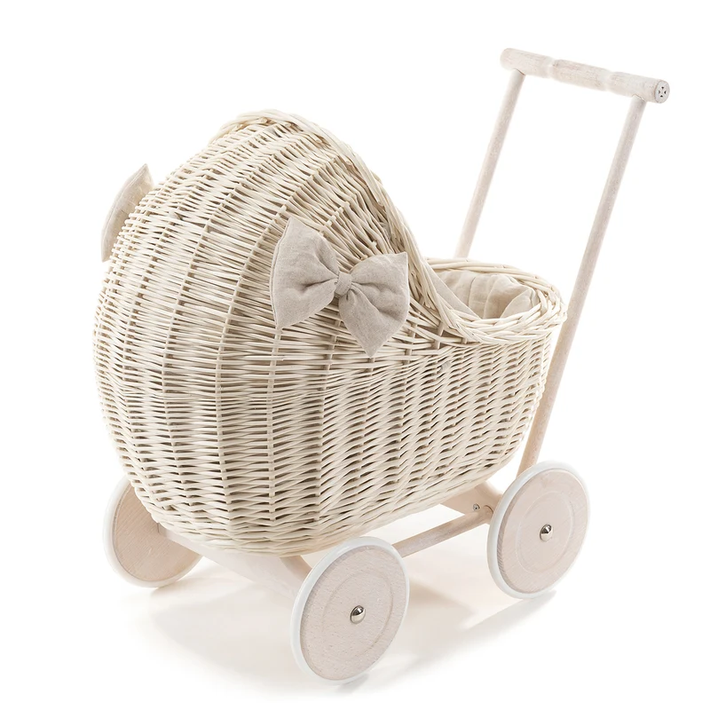 Desayer wicker doll stroller with cream trim, blanket, and pillow TheWickerStories