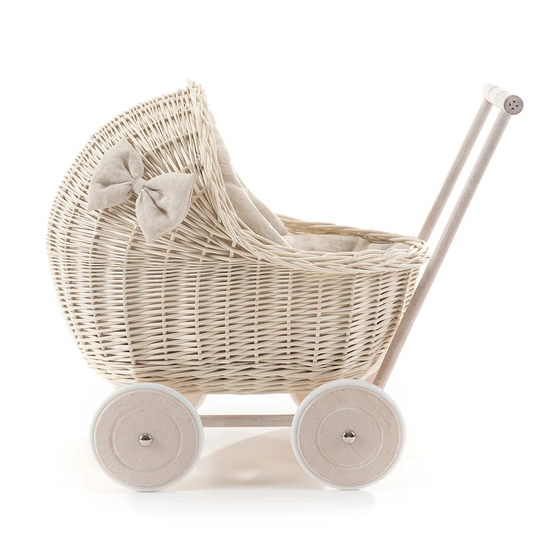 Desayer wicker doll stroller with cream trim, blanket, and pillow TheWickerStories