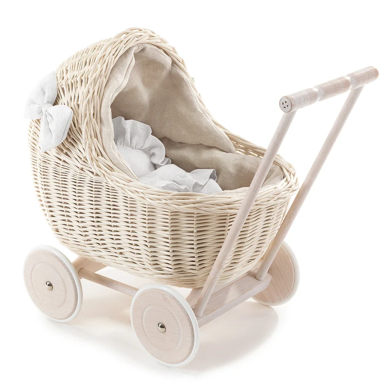 Desayer wicker doll stroller with beige linen trim, handle, blanket, and pillow TheWickerStories