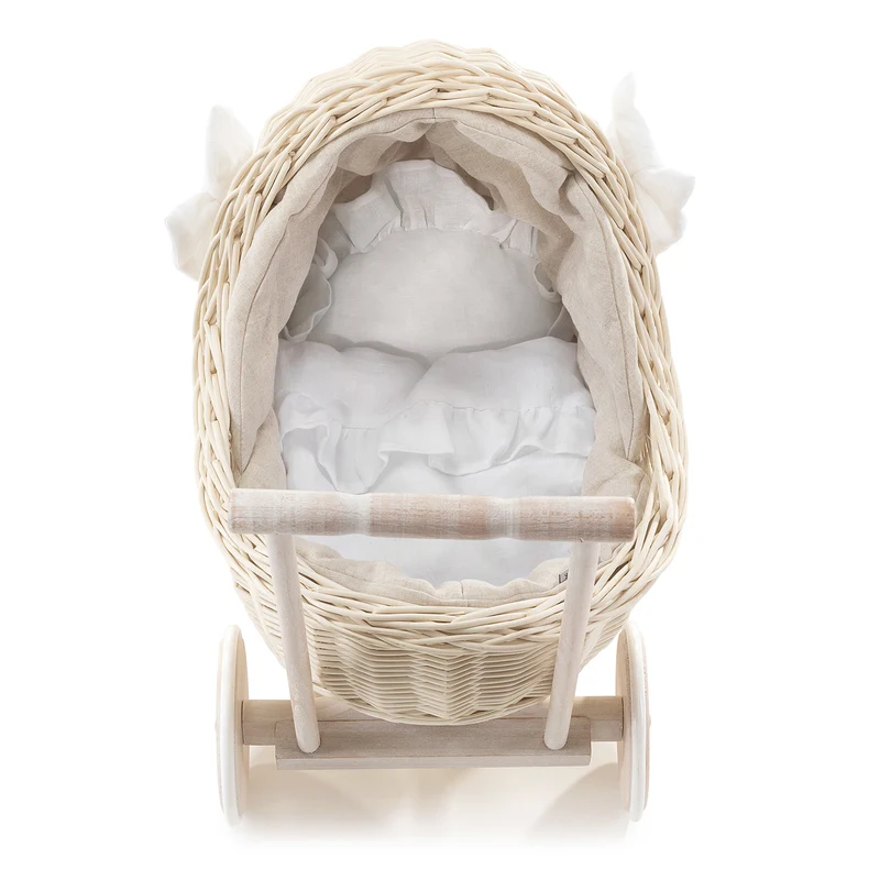 Desayer wicker doll stroller with beige linen trim, handle, blanket, and pillow TheWickerStories