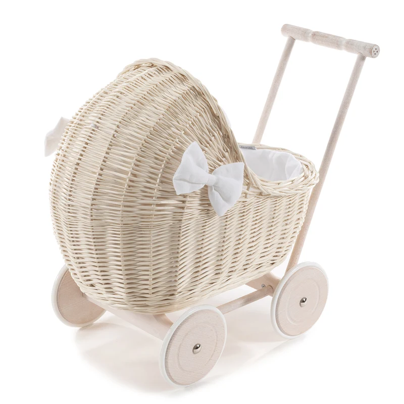 Desayer wicker doll stroller with beige linen trim, handle, blanket, and pillow TheWickerStories