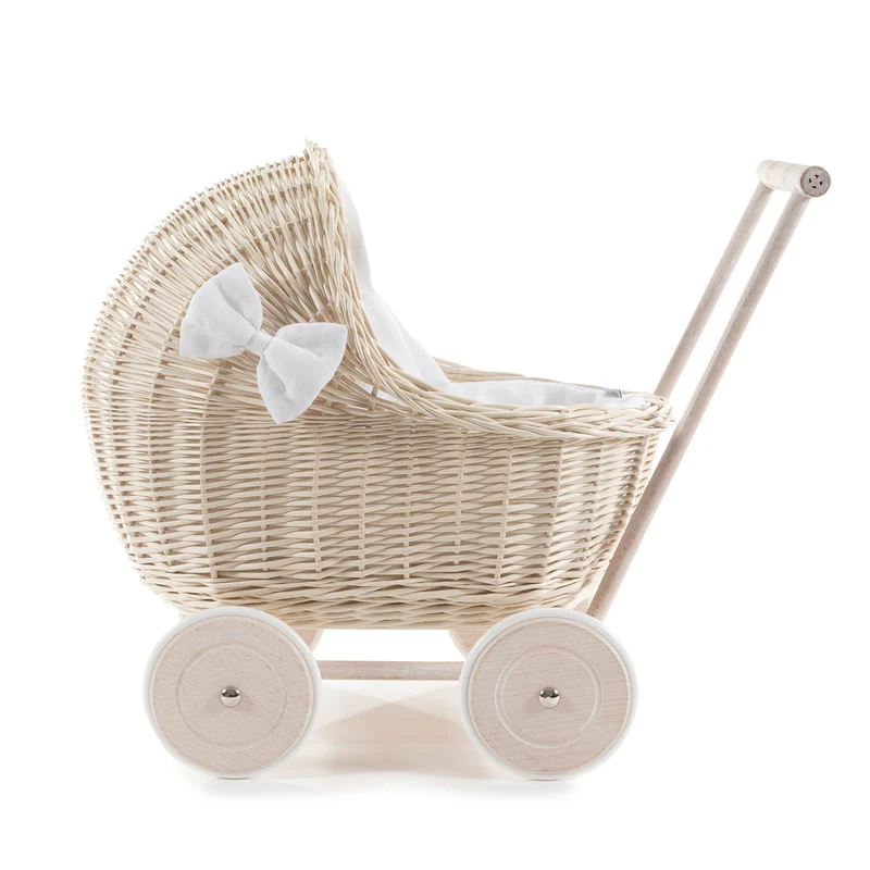 Desayer wicker doll stroller with beige linen trim, handle, blanket, and pillow TheWickerStories