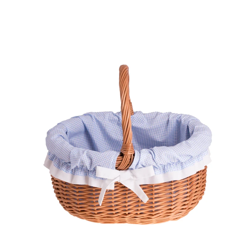 Werburga shopping basket with a wicker handle and blue trim TheWickerStories