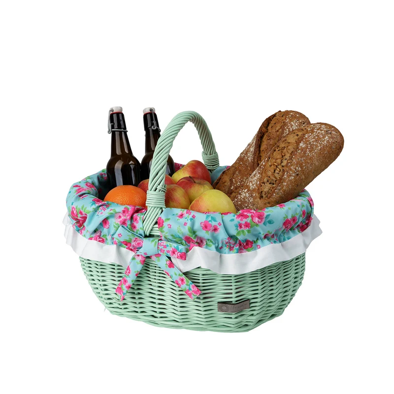 Werburga shopping basket with a wicker handle and green trim TheWickerStories