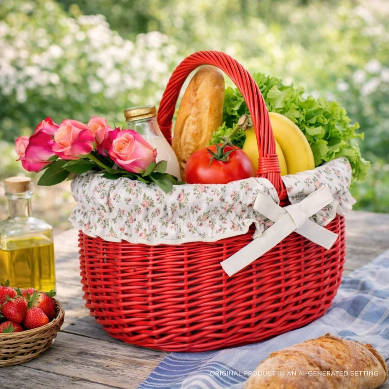 Werburga shopping basket with a wicker handle and white trim TheWickerStories