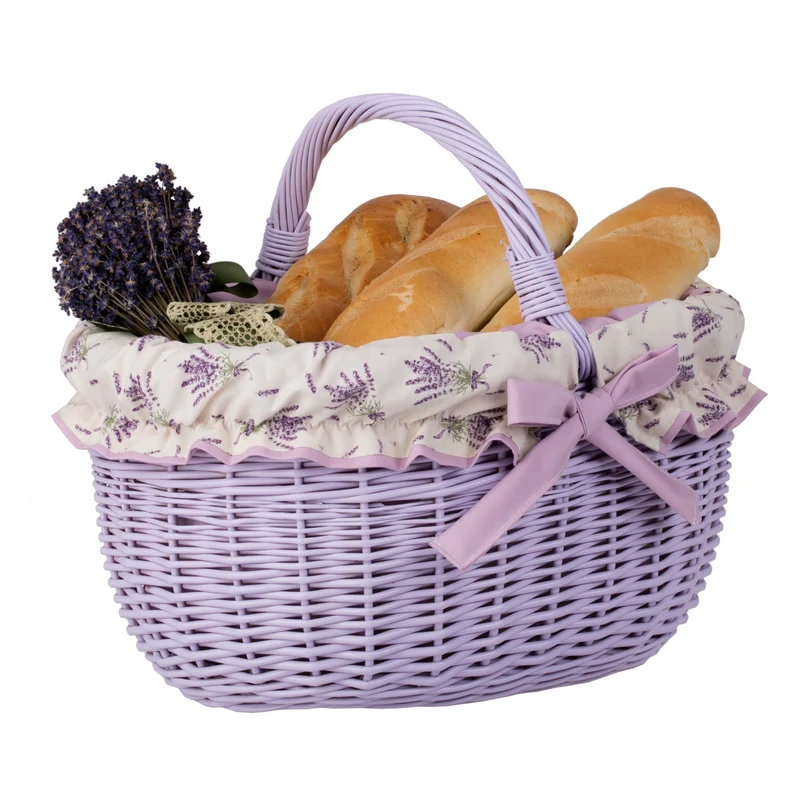 Werburga shopping basket with a wicker handle and purple trim TheWickerStories