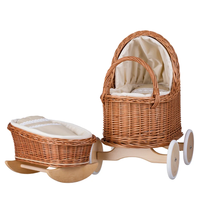 Lara wicker doll stroller and cradle with beige trim, blanket, and pillow TheWickerStories