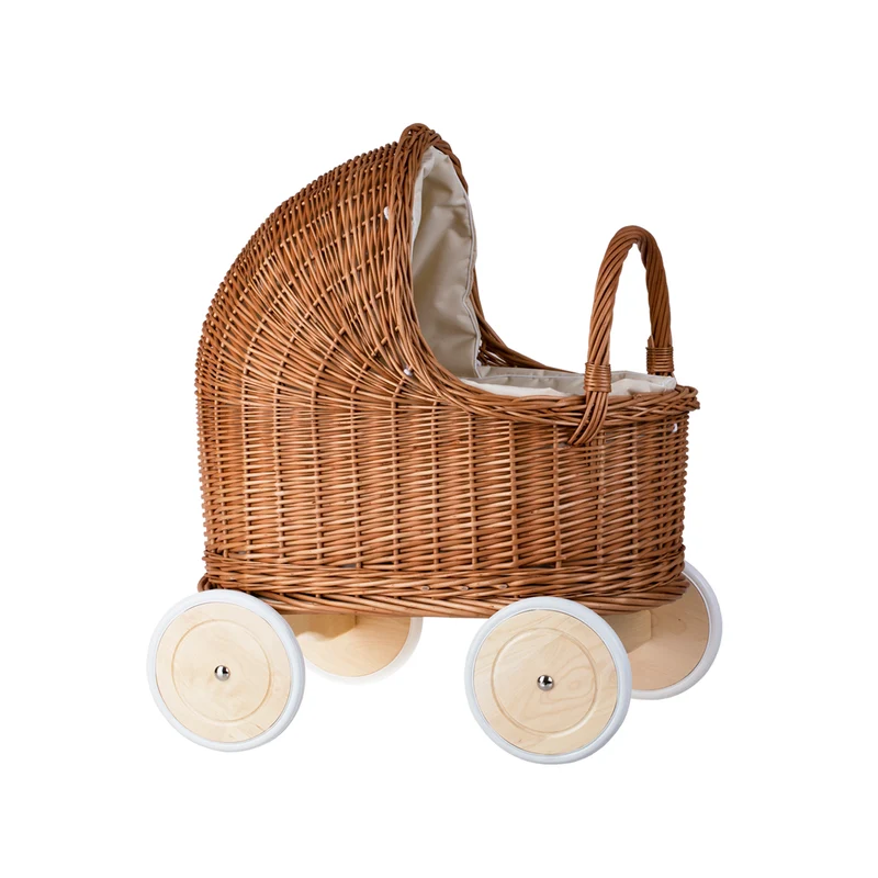 Lara wicker doll stroller and cradle with beige trim, blanket, and pillow TheWickerStories