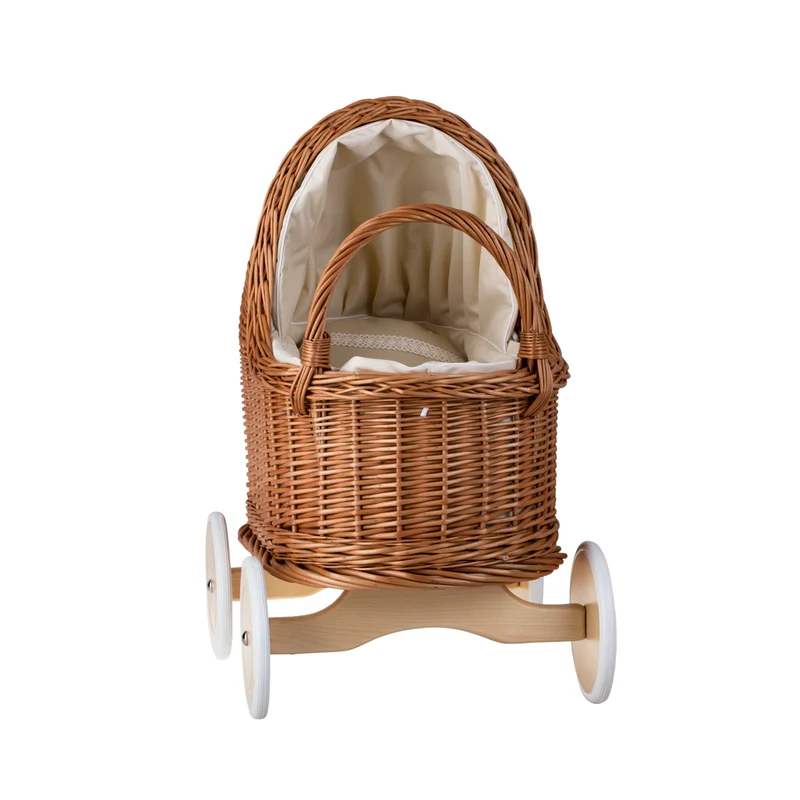Lara wicker doll stroller and cradle with beige trim, blanket, and pillow TheWickerStories