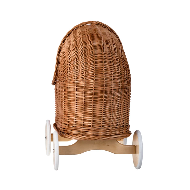 Lara wicker doll stroller and cradle with beige trim, blanket, and pillow TheWickerStories