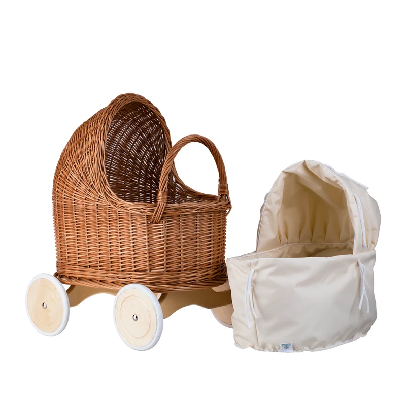 Lara wicker doll stroller and cradle with beige trim, blanket, and pillow TheWickerStories