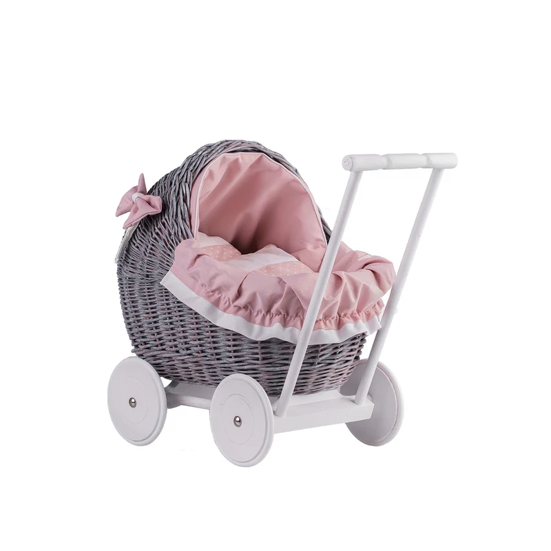 Lili wicker doll stroller with pink trim, blanket, and pillow TheWickerStories
