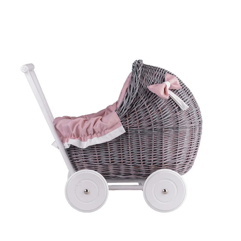 Lili wicker doll stroller with pink trim, blanket, and pillow TheWickerStories