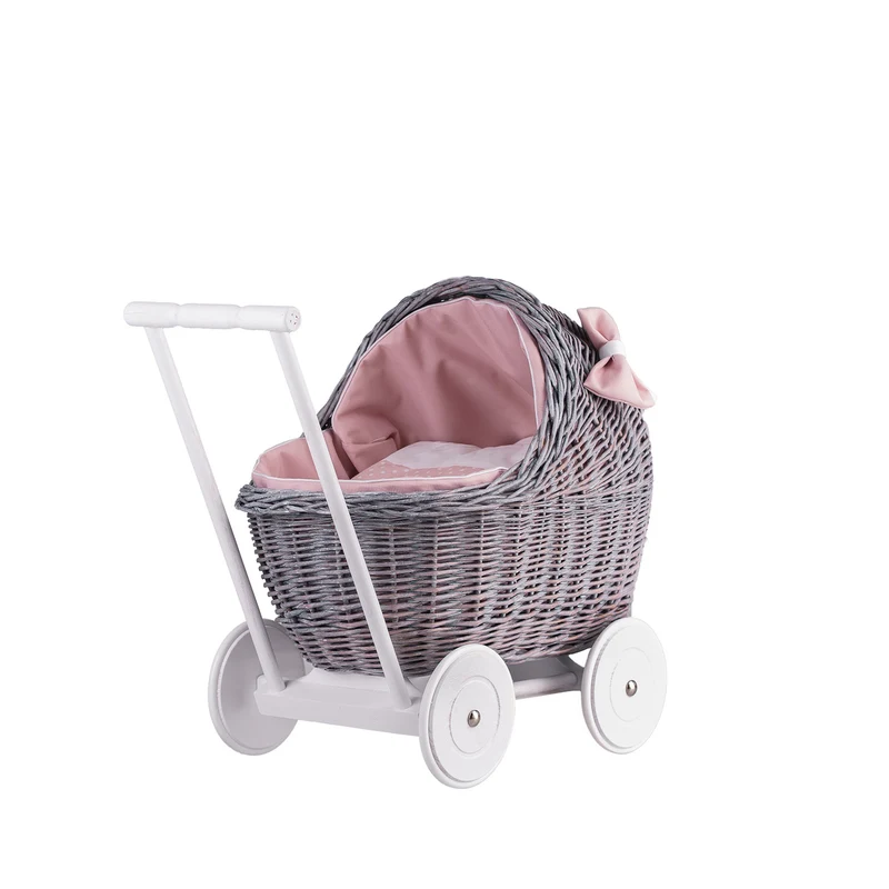Lili wicker doll stroller with pink trim, blanket, and pillow TheWickerStories
