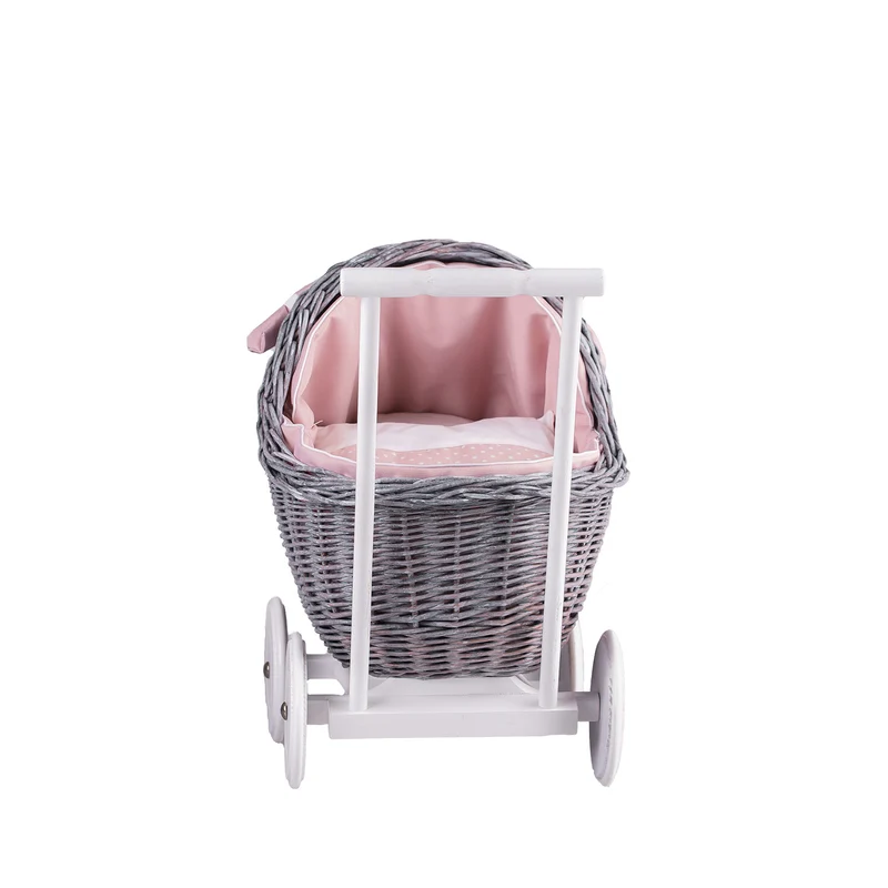 Lili wicker doll stroller with pink trim, blanket, and pillow TheWickerStories