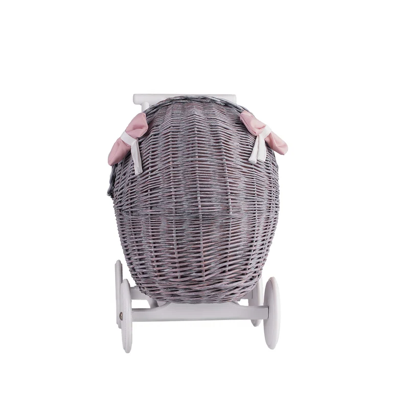 Lili wicker doll stroller with pink trim, blanket, and pillow TheWickerStories