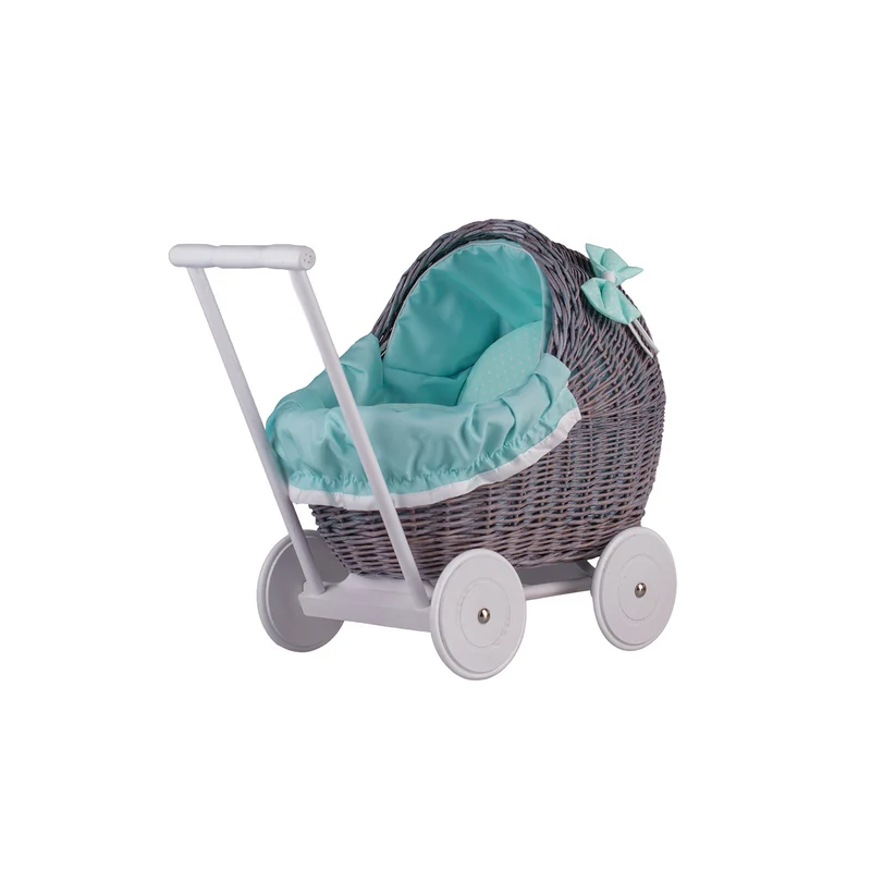 Lili wicker doll stroller with mint trim, blanket, and pillow TheWickerStories
