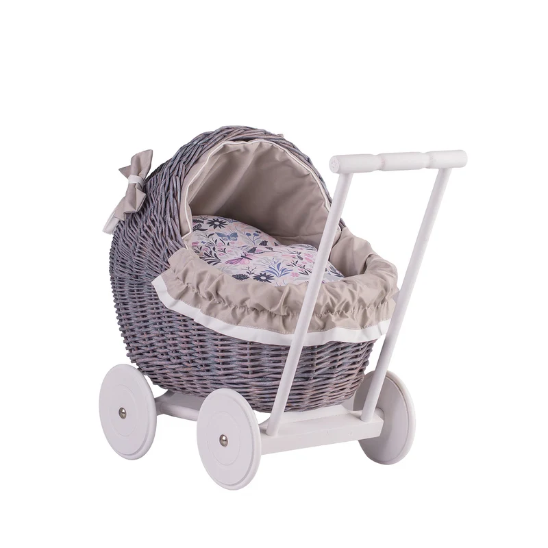 Lili wicker doll stroller with beige trim, blanket, and pillow TheWickerStories
