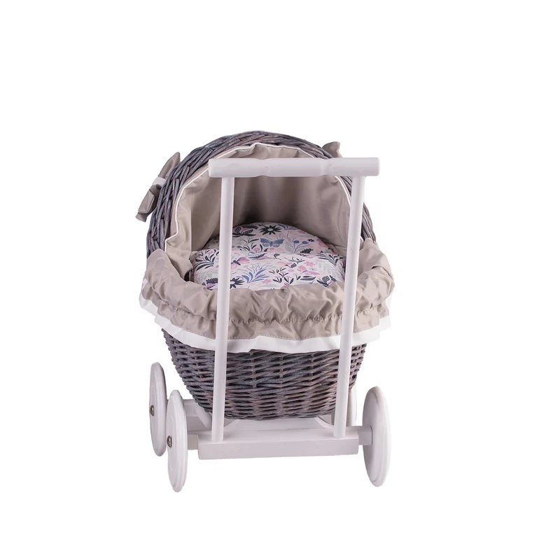 Lili wicker doll stroller with beige trim, blanket, and pillow TheWickerStories