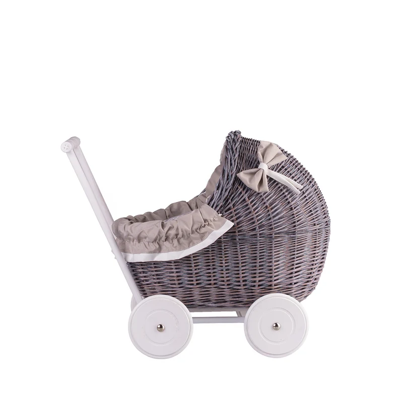 Lili wicker doll stroller with beige trim, blanket, and pillow TheWickerStories