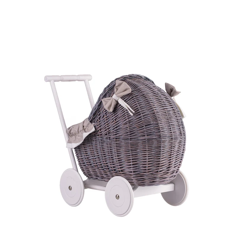 Lili wicker doll stroller with beige trim, blanket, and pillow TheWickerStories